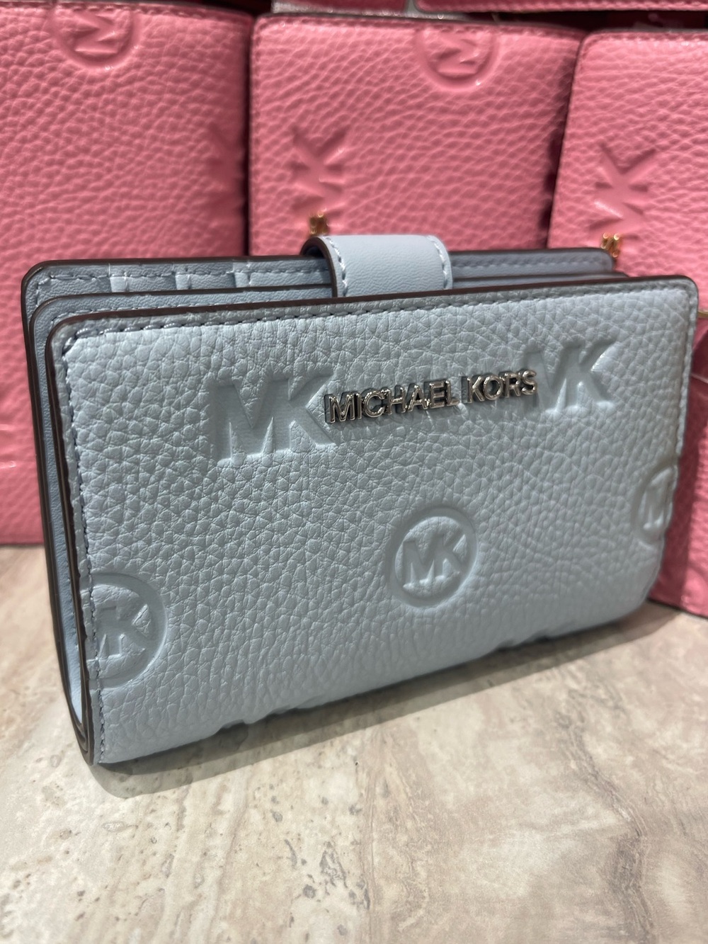 Michael Kors JST Md Logo Debossed Bifold Bilfold Compact Wallet
Pale Ocean 
NWT